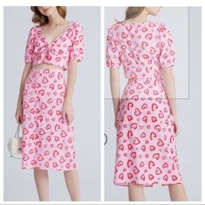 Allover Heart Print Tie Front Puff Sleeve Blouse and skirt set Small